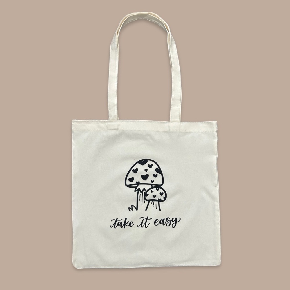 “Take it easy” mushroom love canvas cotton tote bag